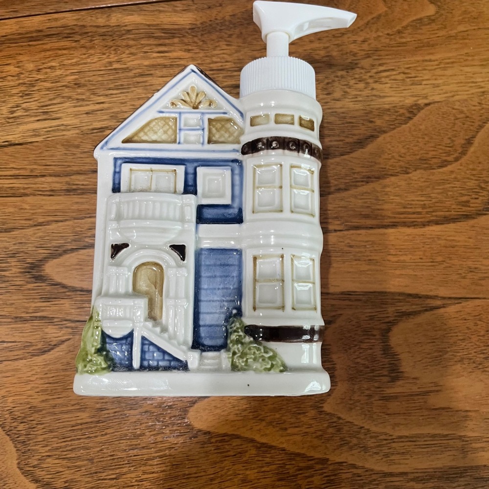 Otagiri Vintage Hand Painted Ceramic Victorian House Soap Dispenser Japan Blue
